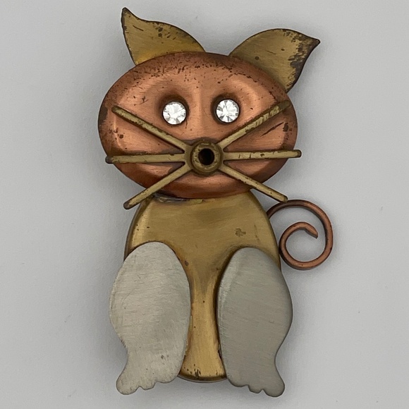Cat 2"  Brooch Mixed Metals Rhinestones Eyes - Picture 1 of 8